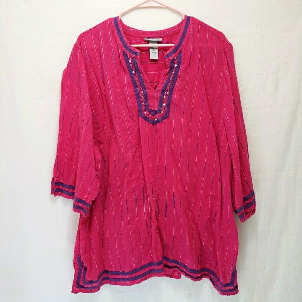 Catherines Fuchsia Pink Purple Metallic Stripe Tunic Blouse Sz 3X Embroidered